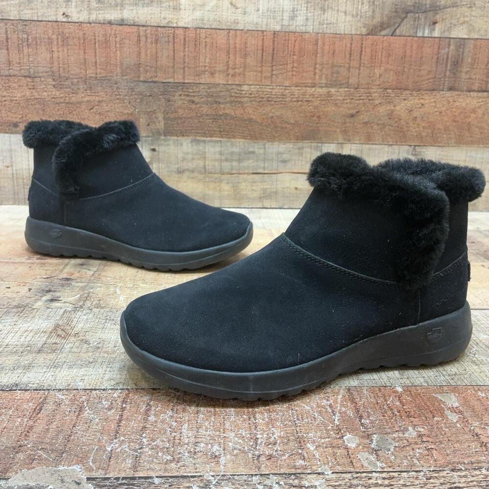 Skechers SN 15501W Boots Womens Size 9 39 Black Leather Faux Fur Ankle Bootie